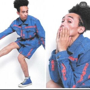 Denim Jacket with Red Accents Y2K designer graphic